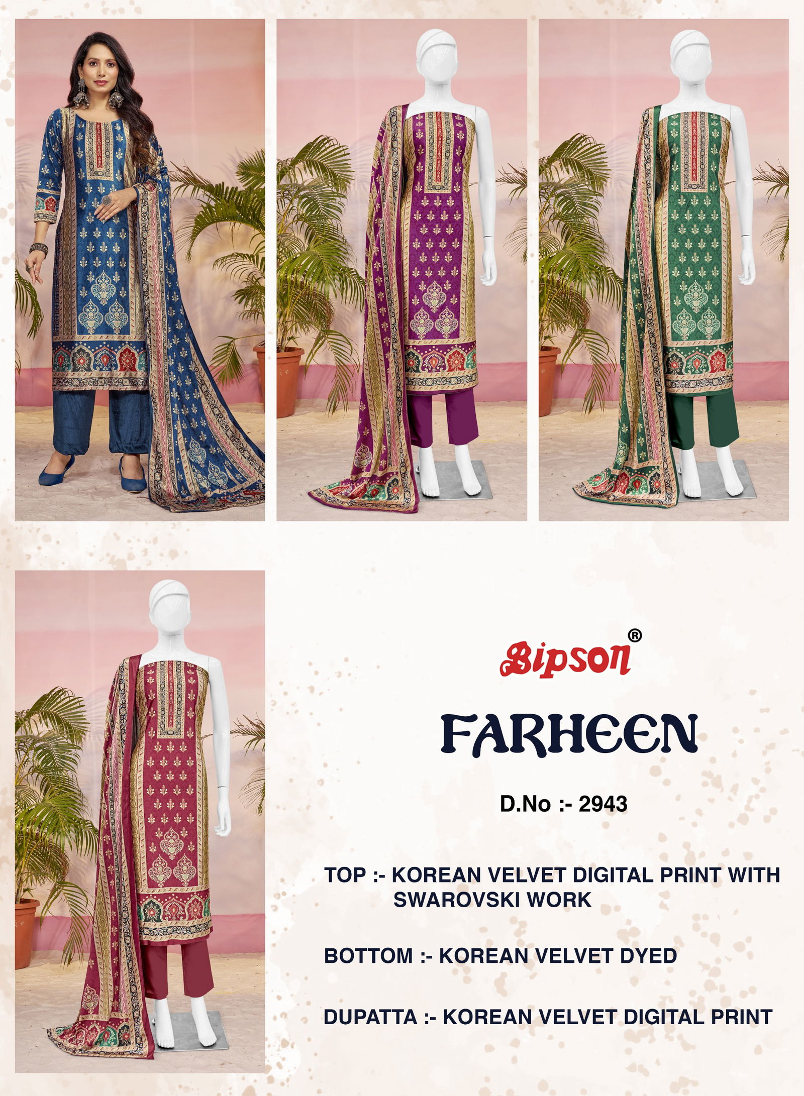 Farheen 2943 By Bipson Korean Velvet Dress Material Wholesale Price In Surat